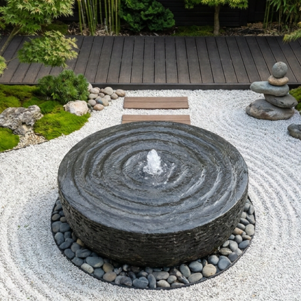 Feng Shui Naturstein-Quellstein Komplettset im asiatisch inspirierten Garten mit Bonsai-Kiefer und japanischem Ahorn