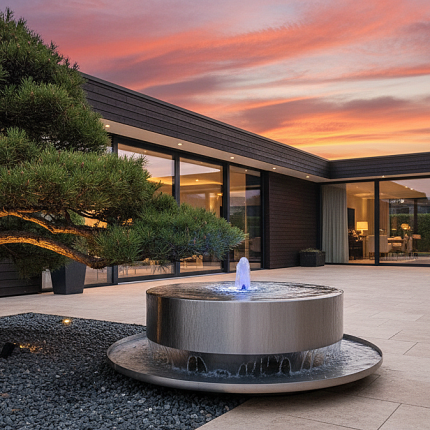 Moderner Mühlstein Gartenbrunnen aus Edelstahl V2A mit zentralem Wasserspiel auf stilvoller Terrasse bei Sonnenuntergang