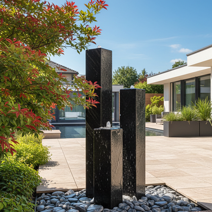 Exklusiver Granitbrunnen mit 3 Säulen (90, 120, 150 cm) als Komplettset inkl. GFK Tank, Oase Pumpe und Dekorkies für moderne Garten- und Terrassengestaltung