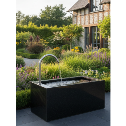 Trogbrunnen aus Nero Granit mit Einlaufbogen aus Edelstahl - Top Design per Hand hergestelltes Produkt made in Austria
