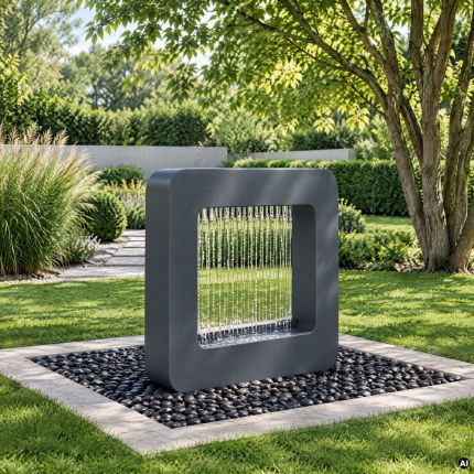 Standbrunnen Aquaris in RAL 7015 Schiefergrau vor Hecke und Ziergräsern