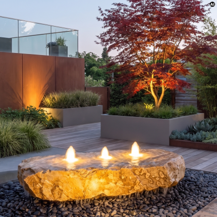 Natursteinbrunnen Alpen Gold – österreichischer Naturstein mit LED-Quellbeleuchtung