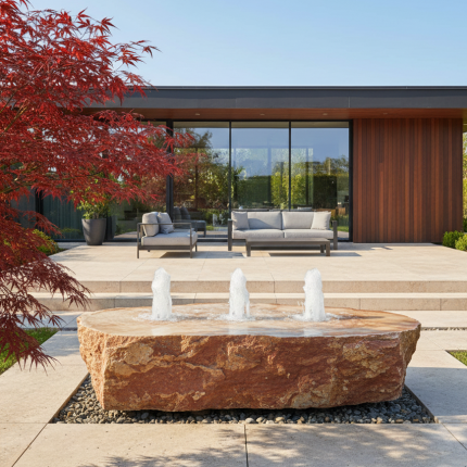 Exklusiver handgefertigter Natursteinbrunnen aus Onyx mit drei beleuchteten Fontänen in modernem Designer-Garten bei Abendbeleuchtung.