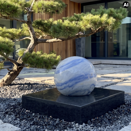 Schwimmende Azul Macaubas Steinkugel auf schwarzem Granitsockel als exklusives Garten-Wasserspiel