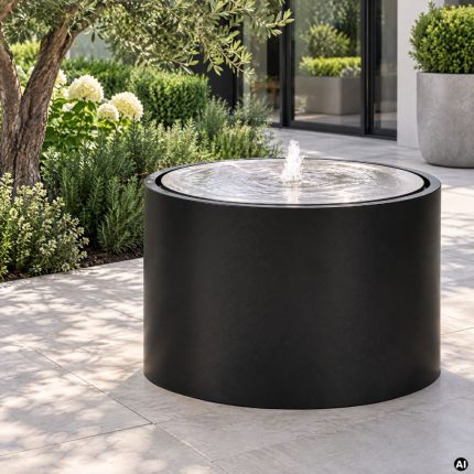 Runder Gartenbrunnen Boundary Gardens in RAL 9005 Tiefschwarz mit sprudelnder Quelle