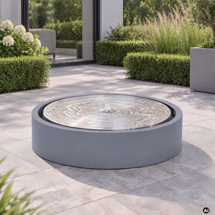 Edelstahlbrunnen Boundary Gardens RAL pulverbeschichtet in RAL 7000 Fehgrau mit runder Quellscheibe auf der Terrasse