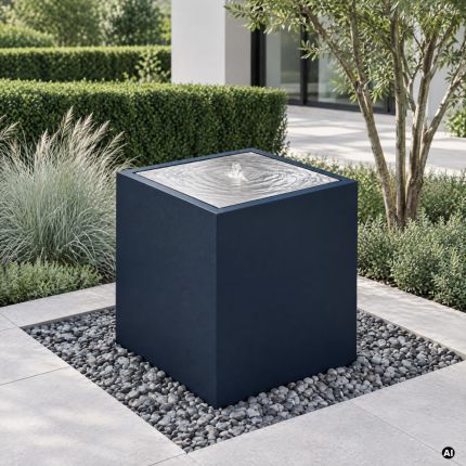 Edelstahlbrunnen York Cubus 50 in RAL 5011 Stahlblau auf Kiesbett mit Gräsern