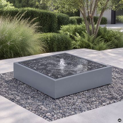 Granitbrunnen York Flat Blue Pearl mit Edelstahlrahmen in RAL 7000 Fehgrau auf der Terrasse