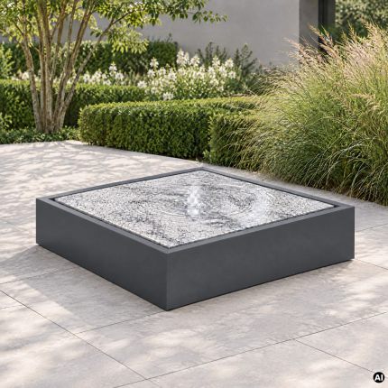 Granitbrunnen York Flat Viscount White mit Edelstahlrahmen in RAL 7015 Schiefergrau auf der Terrasse