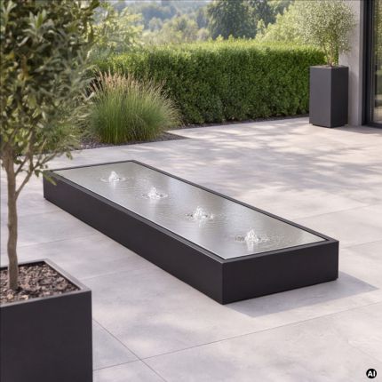 Edelstahlbrunnen York Flat 120 in RAL 9005 Tiefschwarz auf Terrasse