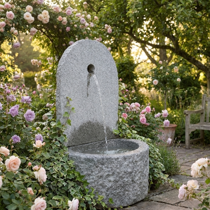 Massiver Wandbrunnen aus grauem Granit für Garten und Terrasse. Als dekorative Wasserentnahmestelle oder Natursteinbrunnen – frostsicher, langlebig und hochwertig verarbeitet.